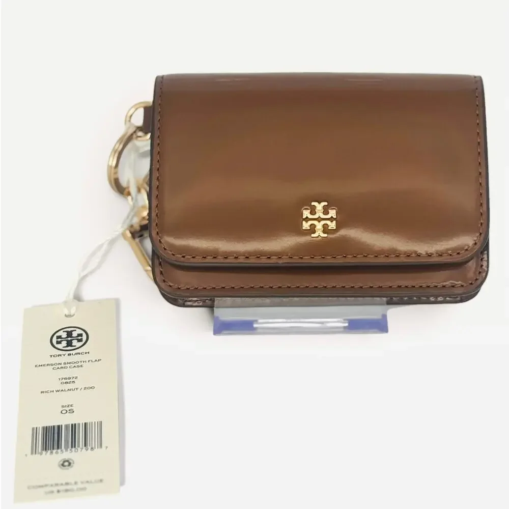 $175 Tory Burch Flap Card Case Wallet Brown Patent Leather Gold Key Chain